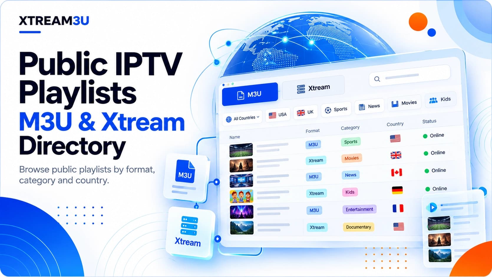 Public IPTV playlists, M3U and Xtream directory — illustrated cover