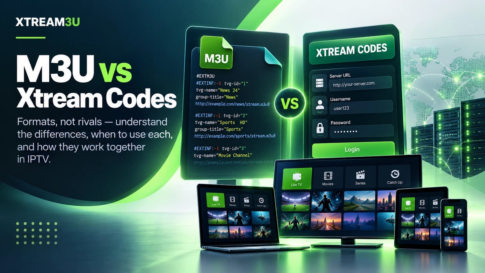 M3U vs Xtream Codes: formats, not rivals — illustrated guide cover